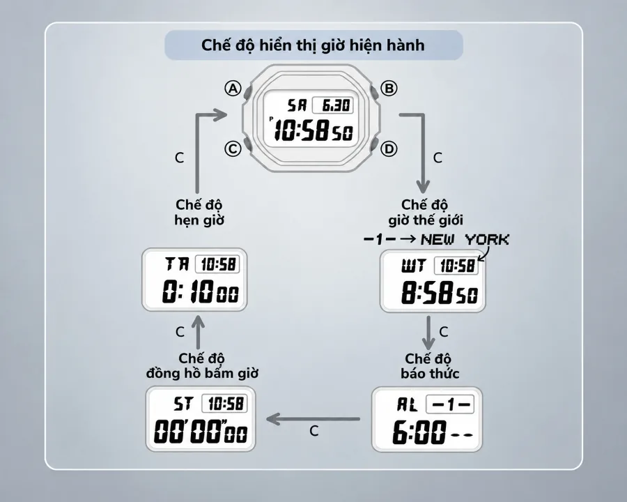 Thứ tự chuyển đổi giữa các chế độ trên đồng hồ G-Shock