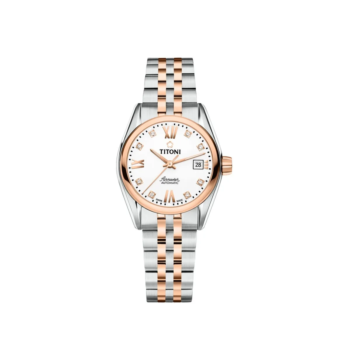 Titoni Airmaster 23909 SRG-063 – Nữ – Kính Sapphire – Automatic – Mặt Số 27mm, Mạ Vàng Hồng PVD, Đính Đá Pha Lê