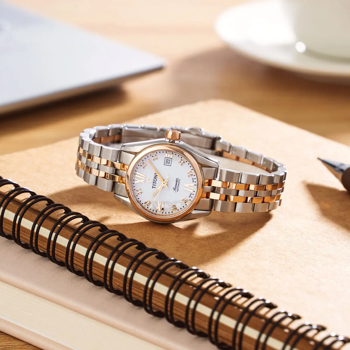 Titoni Airmaster 23909 SRG-063 – Nữ – Kính Sapphire – Automatic – Mặt Số 27mm, Mạ Vàng Hồng PVD, Đính Đá Pha Lê - Ảnh 9